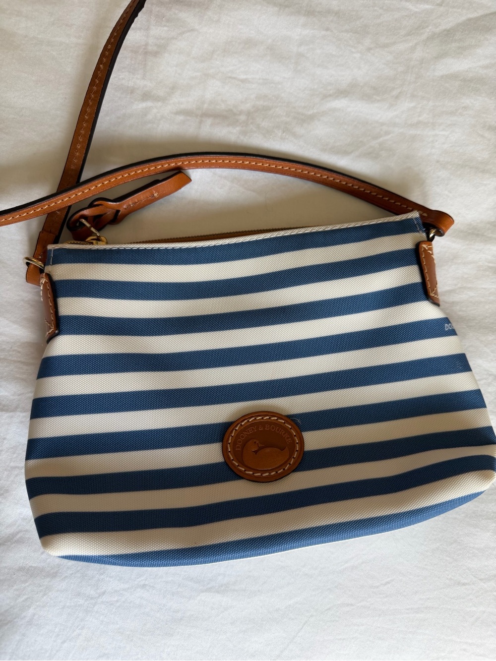 Dooney & Bourke Navy and White Striped Crossbody with Tan Trim